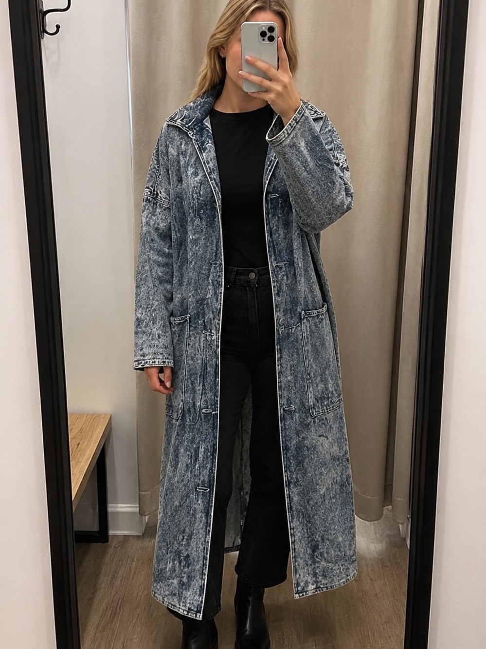 Vintage 80s Acid Wash Denim Duster Coat “ID# Fashion Identification” Sz 3